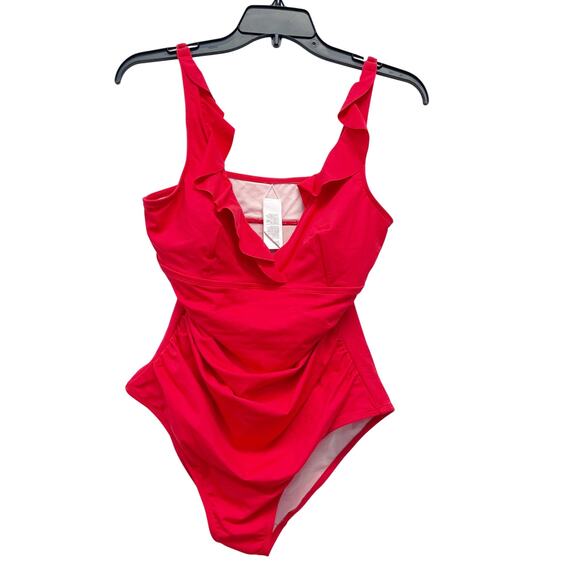 Cupshe Women's Tummy Control Ruffled V-neck One Piece Swimsuit Red Size Large - Picture 1 of 7